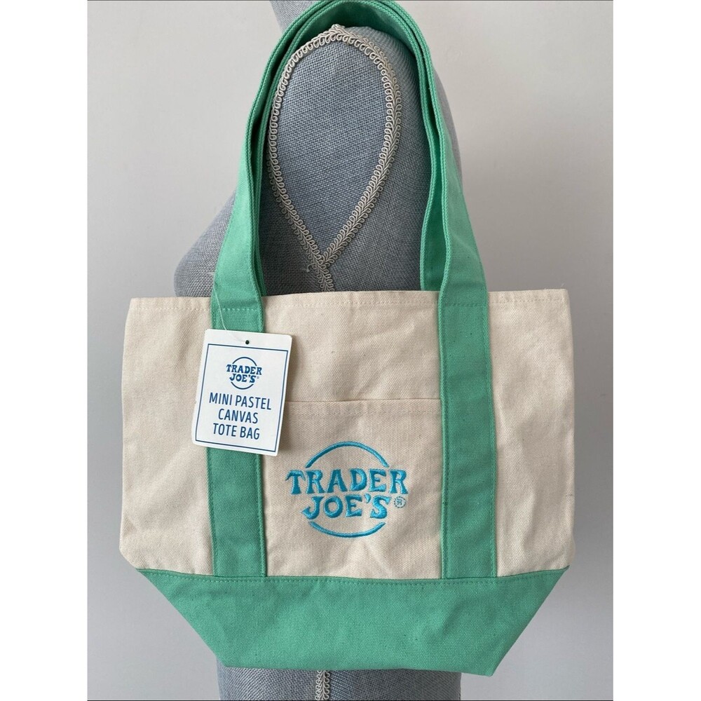 Rare NEW Trader Joe's Mini Pastel Canvas Tote Bag Cream & Mint Green Lunch Bag - Picture 2 of 9